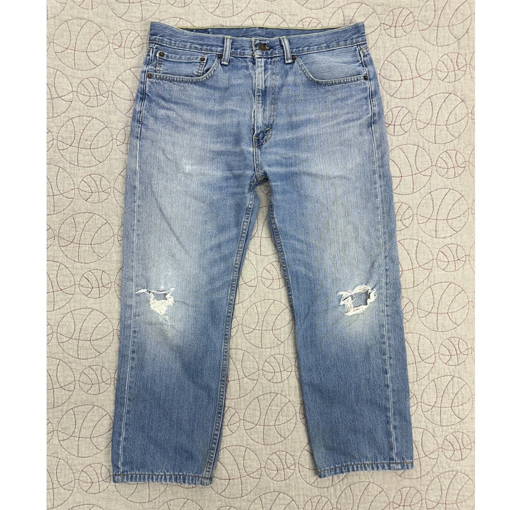 Levis 505 Jeans Blue Regular Fit Distressed Faded Ripped Knee / Mens 34x30